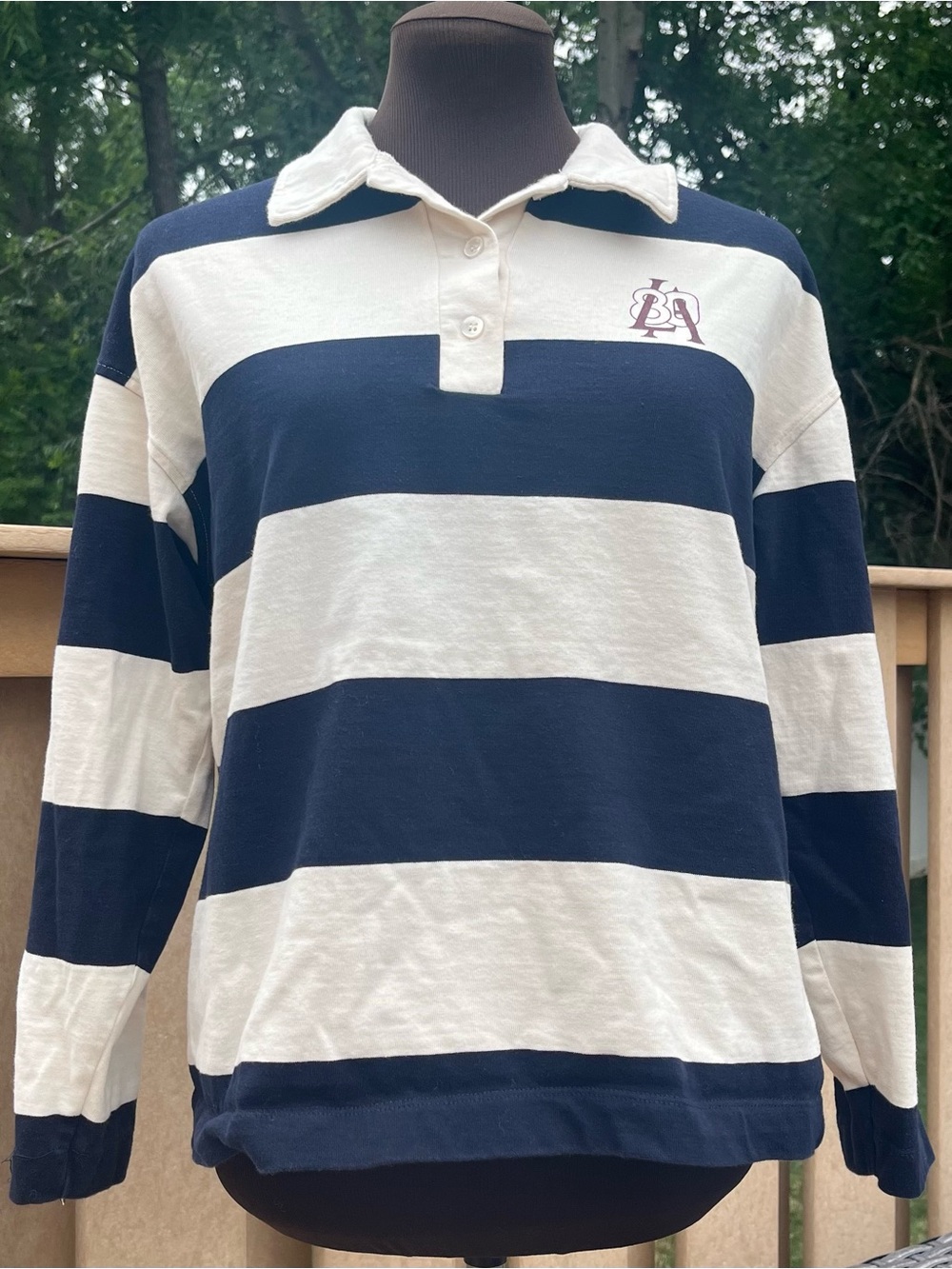 Zara Women’s Long Sleeve Navy & Cream 100% Cotton Rugby Shirt Sz S Preppy Sport
